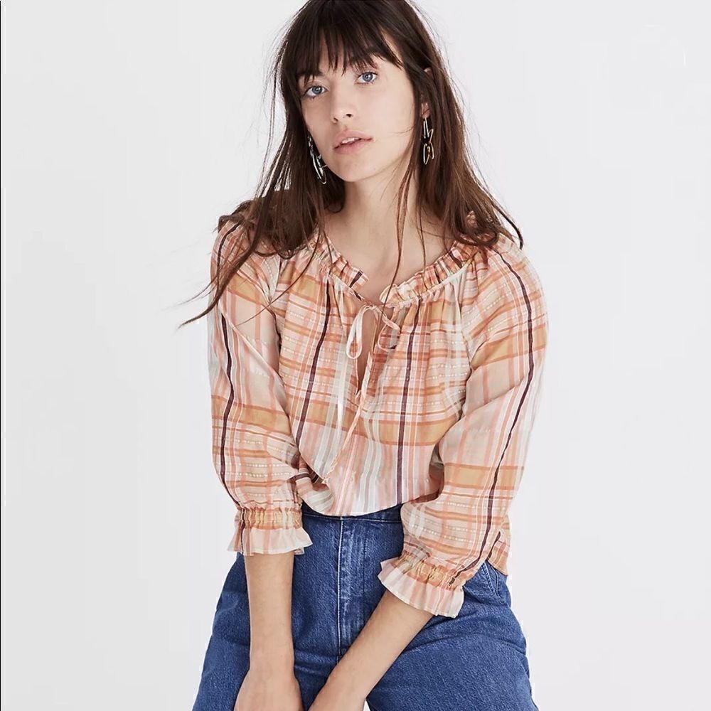 Madewell sheer plaid top.